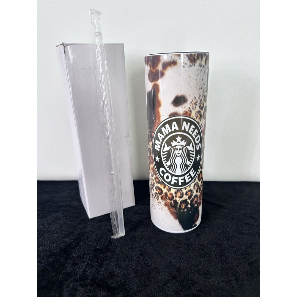 Mama Needs Coffee Cheetah Insulated 20 oz Skinny Metal Tumbler W/ Lid Straw New